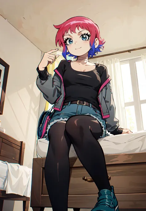 1girl, black choker, breasts, jacket, looking at viewer,black_eyes,two-tone_hair, (pink_hair), blue_hair, sidelocks, small_breasts, multicolored hair, black shirt, short hair, sink, gray jacket, short denim skirt, (pink pantyhose), smile,smiling, sit, sit on a bed, room,(from below),relaxing pose,<lora:Ramona_Flowers-10:0.7> RamonaFlowers,