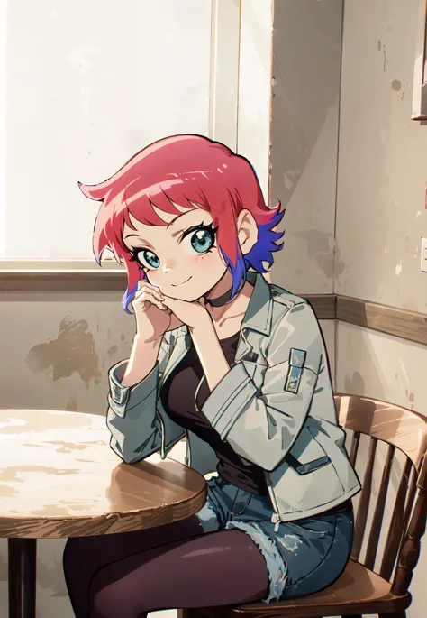 1girl, black choker, breasts, jacket, looking at viewer,black_eyes,two-tone_hair, (pink_hair), blue_hair, sidelocks, small_breasts, multicolored hair, black shirt, short hair, sink, gray jacket, short denim skirt, (pink pantyhose), smile,smiling, sit, restaurant,(resting chin on her own hands pose),elbows on table,table,from the front,front view,<lora:Ramona_Flowers-10:0.7> RamonaFlowers,