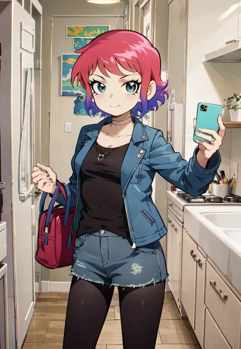 1girl, black choker, breasts, jacket, looking at viewer,black_eyes,two-tone_hair, (pink_hair), blue_hair, sidelocks, small_breasts, multicolored hair, black shirt, short hair, sink, gray jacket, short denim skirt, (pink pantyhose), smile,smiling,holding selfie, indoors,room, <lora:Ramona_Flowers-10:0.7> RamonaFlowers, standing,