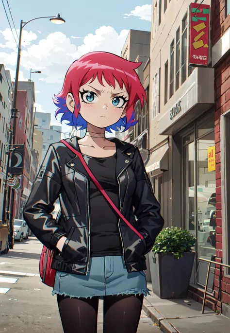 1girl, black choker, breasts, jacket, looking at viewer,black_eyes,two-tone_hair, pink_hair, blue_hair, sidelocks, small_breasts, multicolored hair, black shirt, short hair, sink, gray jacket, short denim skirt, (pink pantyhose), serious face, expresionless, hands on pockets,outdorrs, park,cloud day<lora:Ramona_Flowers-10:0.7> RamonaFlowers, standing,