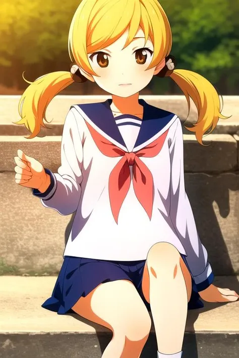 masterpiece, highres, 1girl, hair ornament,blonde hair,brown eyes,low twintails <lora:NagiArizaR4:0.7>,NagiArizaR4,serafuku, thighhigs
