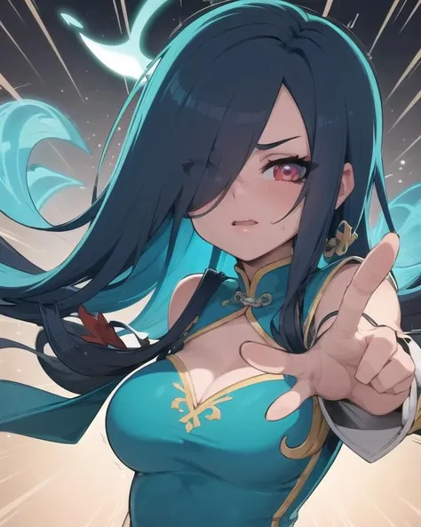 novel illustration of a girl, very long hair, (((teal hair))), (black hair:1.05), two_tone_hair, hair over one eye, red eyes, eyelid, face shadow, finely detailed, chinese dress, large breast, cleavage, solo, legendary, leaf swirling around the character, colorful refraction, disheveled hair, marvelous illustration, detailed splash, masterpiece, best quality, (magical:1.1), ray tracing, (face shadow), (intricate detailed:1.2), (ultra detailed:1.2), (detailed light), (colorful background), pose, foreshortening, light particles, visual effects