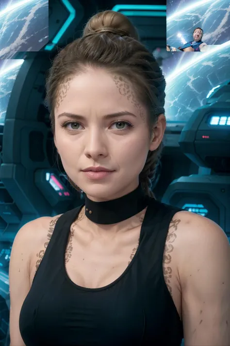 headshot of woman, trill_spots, ponytail, tanktop, sci-fi starship background, <lora:race_st_trill:0.9>
