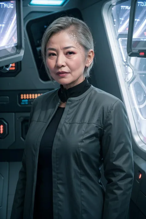 old asian woman, gray hair, jacket, trill_spots, sci-fi spaceship background, <lora:race_st_trill:0.9>