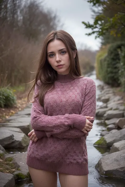 contrast photo from below of british delicate normal milf standing leaning forward in the middle of a small stream and wearing red sweater,
cloudy sky,
blurred background,
(octagonal|hexagonal bokeh:1.3),
busty,
flashphotographyphoto
<lora:zoom_slider_v1:2> <lora:flash photography photoV3:0.4> <lora:SweaterBreasts:0.05>