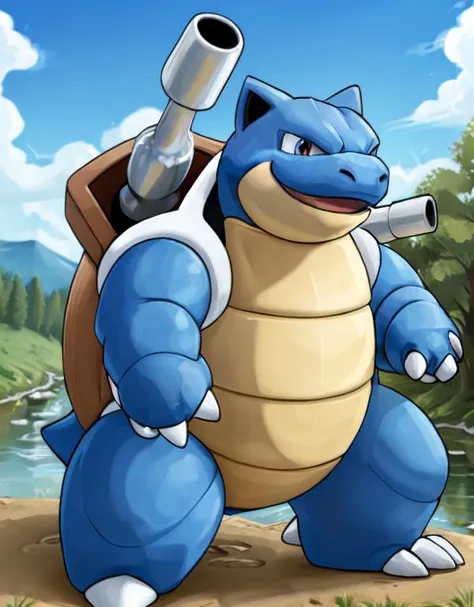 <lora:0009_blastoise_lora:0.6>, blastoise, cannon, river, smile