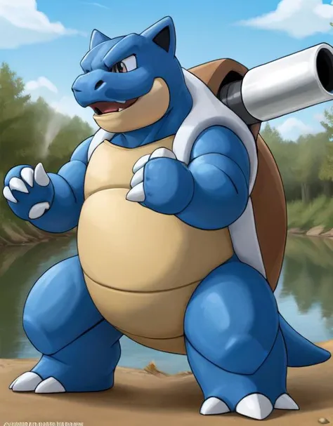 <lora:0009_blastoise_lora:0.5>, blastoise, cannon, river, smile