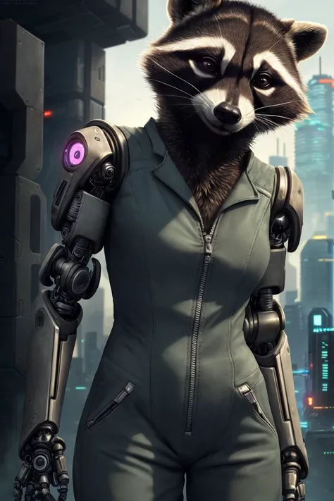 (female raccoon in a jumpsuit, cyberpunk, cybernetic augmentation:1.2), (by ratte and nuzzo and kenket:0.7), realistic fur, real, detailed, (detailed fur, furry, furry body:1.2), furry, anthro, best quality, professional photo, photorealism, high quality, volumetric, ray tracing, HDR, 4K, 8k, absurd res, realistic, max shading, ((masterpiece)), <lora:epiNoiseoffset_v2-pynoise:1>, (torso shot, close up:1.3),