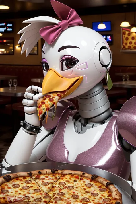 (anthro, robot, animatronic, hair bow, earrings, leg warmers, shoulder pads, fingerless gloves, spiked bracelet, lipstick, leotard, beak, chicken:1.2), (by ratte and nuzzo and kenket:0.7), realistic skin, real, detailed, (detailed skin, reflective shiny body:1.2), furry, anthro, best quality, professional photo, photorealism, high quality, volumetric, ray tracing, HDR, 4K, 8k, absurd res, realistic, max shading, ((masterpiece)), <lora:glamrockchica-v1-256-ye18:1>, (close up, portrait, at a pizza place restaurant:1.2), <lora:epiNoiseoffset_v2-pynoise:1>,