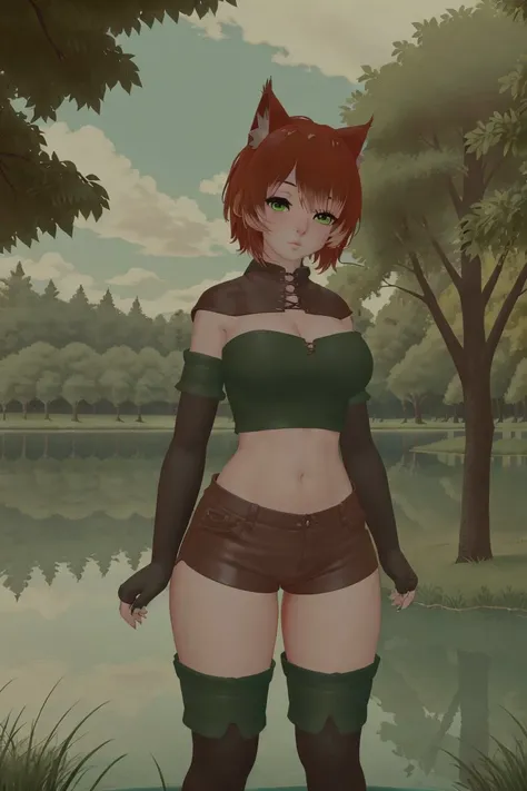 amazing photograph, (photorealistic:1.3), RAW photo, Fujifilm XT3, masterpiece, best quality, absurd res, UHD, 4K, 8K, maximum detail, intricate detail, cinematic lighting, solo, 1girl, (20 year old cat girl), cat ears, cat tail, reddish-orange hair in a pixie bob, detailed clothes, brown leather cowl, (delicate facial features), (detailed hair ornament), Natural lips, Pattern hair, (beautiful green eyes), (green tubetop), cleavage, large breasts, (brown leather shorts), ((in a park by a lake, blue water, blue sky, green trees:1.4), highly detailed background), <lora:Teacup-v2-01:0.65>
