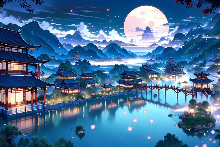 Chinese Architecture, Scene, East Asian Architectural Design, scenery, moon, architecture, tree, cloud, sky, full moon, east asian architecture, waterfall, night, water, outdoors, bridge, bird, pagoda, lantern, no humans, building, fog, mountain <lora:Ancient architecture:1>