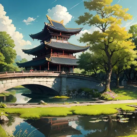 scenery, tree, sky, architecture, east asian architecture, outdoors, no humans, cloud, day, water, reflection, blue sky, building, pond, river, bridge, grass (Masterpiece: 1,2), best quality, masterpiece, high definition, original, extremely detailed wallpaper, soft light ,<lora:Antique sceneV2:0.6>,
