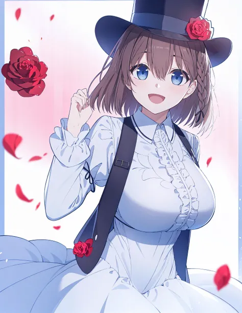 charlotte_corday_\(fate\),
charlotte_corday_\(dress\),
charlotte_corday_\(top hat\)
sunsmile,:D
large breasts, looking at viewer, bright_face
cowboy shot, solo
long sleeves, hat flower:red_rose,, white_dress,
best_hand,clenched hands, 
<lora:FGO å¤ç»¿è ver15199 charlotte:0.75>  <lora:ç»é£ æ¯æ tawawaOnMondayHimuraKisekiStyleLora_v20:0.4>
