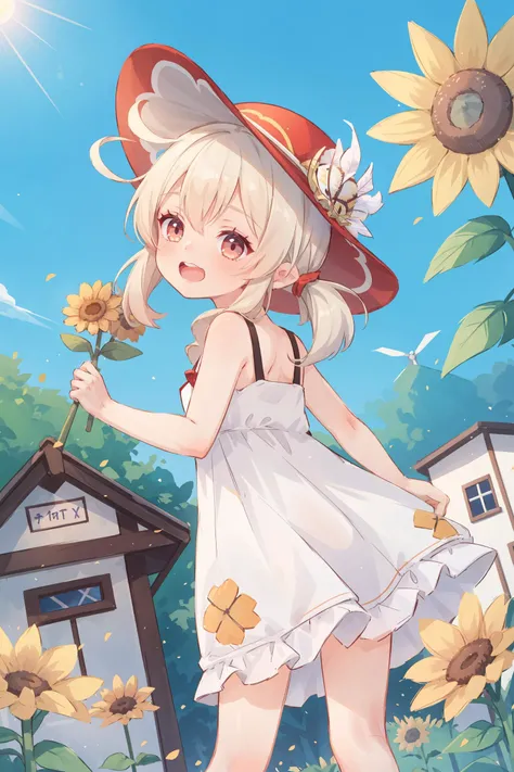 1girl, klee \(genshin impact\), (white dress, sundress, chemise:1.2), silver hair, floating hair, \o/, cheering, sunflower, outdoor, wind turbine, smile, open mouth, sun hat, depth of field