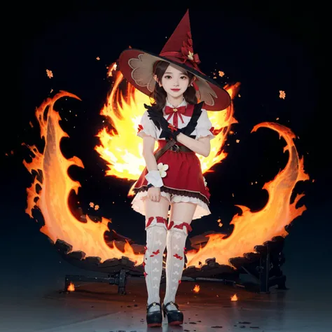 1girl, klee \(blossoming starlight\) \(genshin impact\), bloomers, black gloves, kneehighs, mary janes, witch hat, red skirt, white shirt, shawl, bag, waist apron, looking at viewer, smirk, full body, legs apart, hands on hips, explosion, fire, depth of field