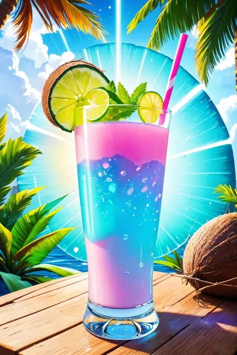 refreshing, vibrant glowing coconut juice drink,dew drops,refreshing  , in the style of a product hero shot in motion, dynamic magazine ad image, photorealism, sleep and mystical elements around the background,
cluttered,
amazing, masterpiece, digital painting, medium shot, , focused, , , ,