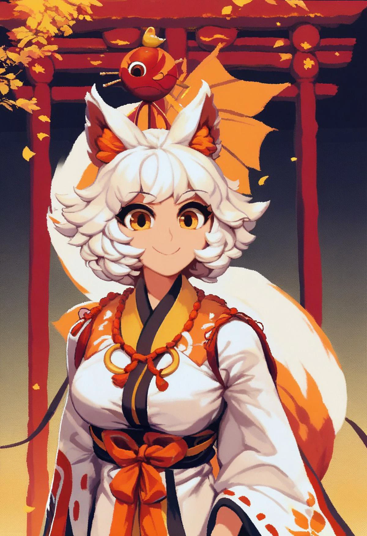 ((score_9), score_8_up, score_7_up), score_6_up, score_4_up, score_5_up, artful dreamy masterpiece, Non-Human Character Design with Personality: A character design that portrays a non-human creature,bright golden eyes,mischievous kitsune,fluffy fox ears with a unique and expressive form that conveys personality and depth,mean smile,mischief expression,epic shrine background