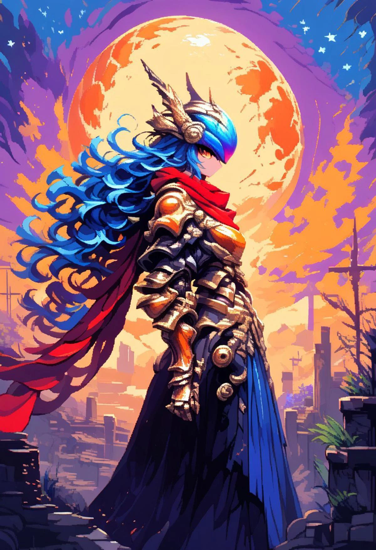 score_9, score_8_up, score_7_up, score_6_up,masterpiece,8k,high res, hkfuture,(ais-ghostly:1.1),(d3p1x3l:1.2), (pixel art:1.1),1girl, armored rabbit girl, (long orange rabbit ears, animal ears:1.2),(long wavy hair),(black armor),visor covering eyes,(visor with shining orange lights),orange eyes,midriff,cold expression,robe covering arms,dark blue hair,(slim figure),(long red scarf:1.3),skinny,side view,(elegant fencing stance), (narrow waist),(big gauntlets), long legs,(night time,starry sky,full moon,dynamic lightining,strong winds)