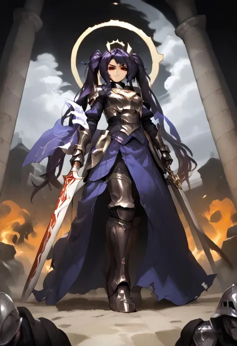 score_9, score_8_up, score_7_up, score_6_up, jill stingray, 1girl, red eyes, (twintails:1.4), solo, dark purple hair, red eyes, glowing, black armor, clawed gauntlets, claws, torn black cape, holding sword, sword handle, (Cavalier,horse,horseback riding, 1horse), perspective from below, eclipse halo, holy light, angelic, valkyrie, smirk,
BREAK,
towering castle gates, (eclipse), black sky, mist creeping in from the side, blood and gore on the ground, monsters, war banners, torches, fire,