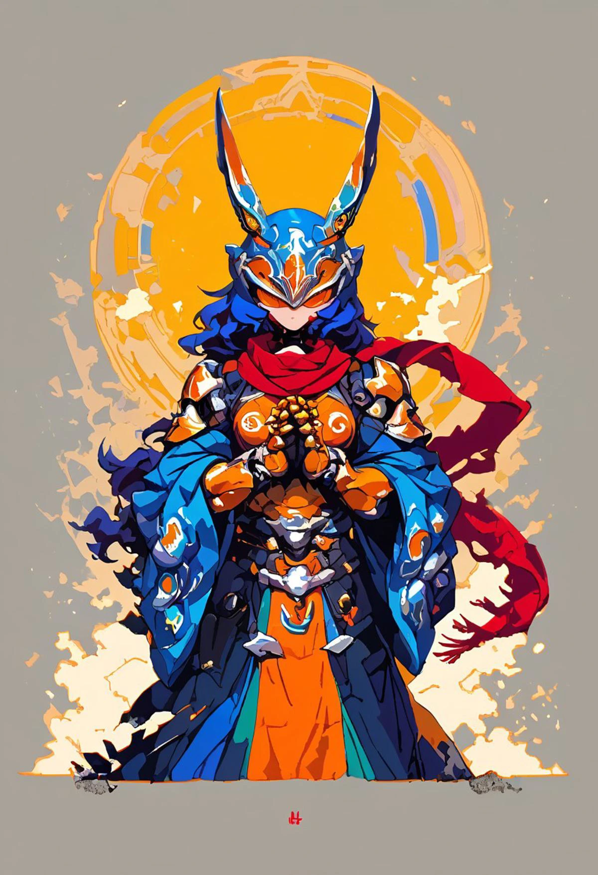 score_9, score_8_up, score_7_up, score_6_up, (hkfuture),1girl, solo, armored rabbit girl, (orange rabbit ears, animal ears, no human ears),face long wavy hair,(silver armor),robe covering arms,helmet,visor covering eyes with orange neon light,dark blue hair, bangs,shining orange eyes,flat breasts,slim figure,fully armored,(long red scarf:1.2),skinny, narrow waist, long legs, pale skin,cold expression,big hands,big gauntlets,praying pose,2 swords with neon lights,futuristic background,full body view,dark tune,night time,starry sky,full moon,dynamic lightining