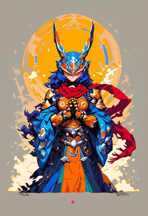 score_9, score_8_up, score_7_up, score_6_up, (hkfuture),1girl, solo, armored rabbit girl, (orange rabbit ears, animal ears, no human ears),face long wavy hair,(silver armor),robe covering arms,helmet,visor covering eyes with orange neon light,dark blue hair, bangs,shining  orange eyes,flat breasts,slim figure,fully armored,(long red scarf:1.2),skinny, narrow waist, long legs, pale skin,cold expression,big hands,big gauntlets,praying pose,2 swords with neon lights,futuristic background,full body view,dark tune,night time,starry sky,full moon,dynamic lightining