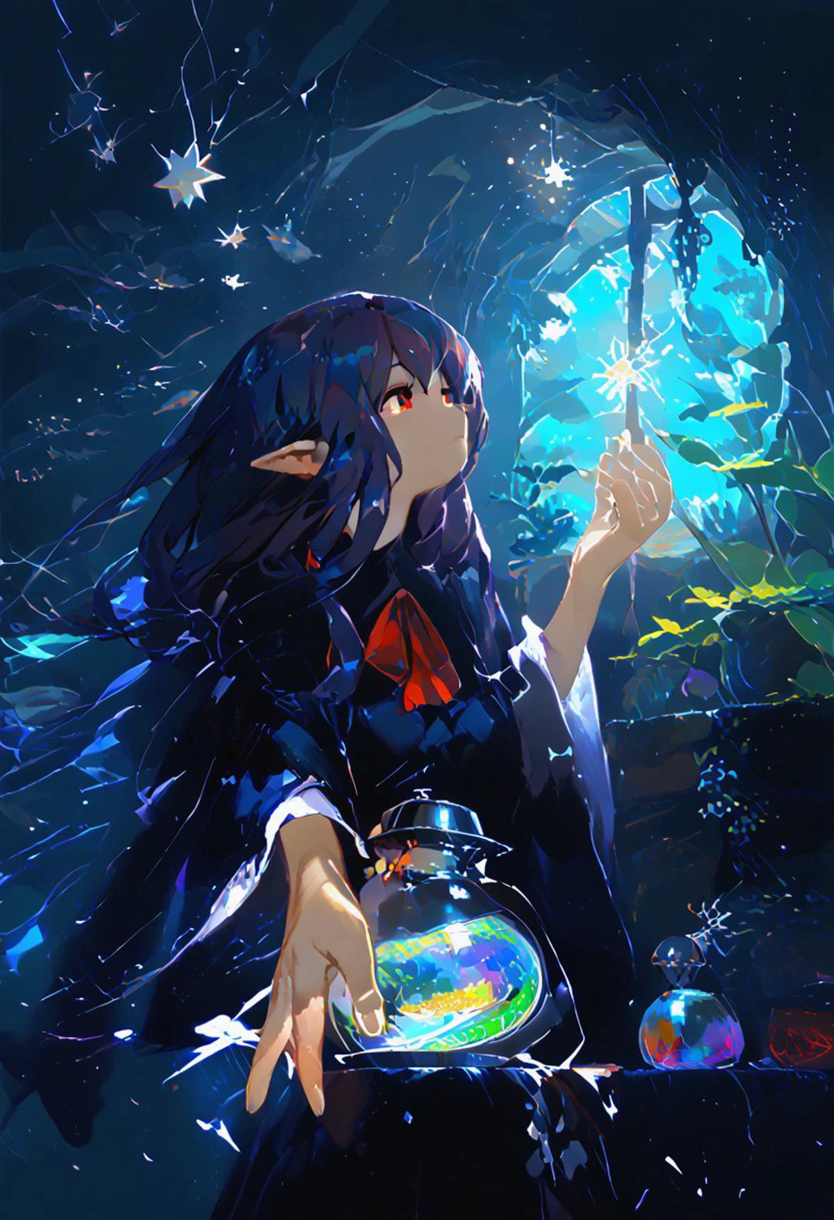 scenery, high elf, hermit witch, jill stingray, (twintails:1.2), dark purple hair, red eyes. fantasy sorceress clothes, hands around a floating ball of light, focus on ball of light with a dragon inside, close-up, reaching hands towards camera, hands below a floaing orb of light,
((clean lines, source: anime, detailed fingers, high quality, best quality, masterpiece, rating: g score: 9, score: 8 up)), in well lit cave, tree roots, cauldron, witch tools, transparent cauldron, shiny green liquid, small fairy lanterns, witch tools, great lighting, floating shining stars, shining golden particles, perfect hands,