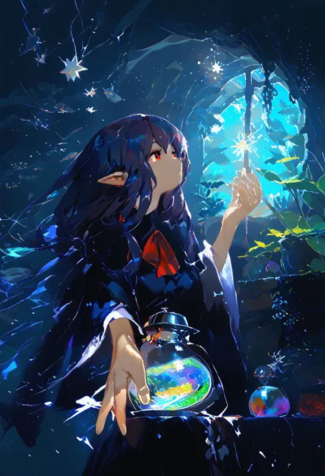 scenery, high elf, hermit witch, jill stingray, (twintails:1.2), dark purple hair, red eyes. fantasy sorceress clothes, hands around a floating ball of light, focus on ball of light with a  dragon inside, close-up, reaching hands towards camera, hands below a floaing orb of light,
((clean lines, source: anime, detailed fingers, high quality, best quality, masterpiece, rating: g score: 9, score: 8 up)), in well lit cave, tree roots, cauldron, witch tools,  transparent cauldron, shiny green liquid, small fairy lanterns, witch tools, great lighting, floating shining stars, shining golden particles, perfect hands,