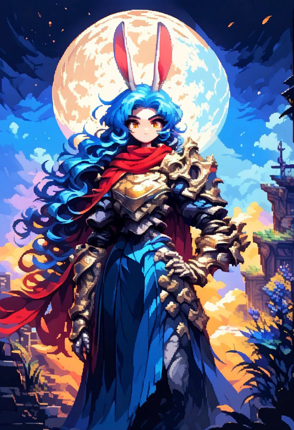 score_9, score_8_up, score_7_up, score_6_up,masterpiece,8k,high res, hkfuture,(ais-ghostly:1.1),(d3p1x3l:1.2), (pixel art:1.1),1girl, (long rabbit ears, animal ears:1.2),(long wavy hair),(stone armor),beautiful face,detailed face,orange eyes,midriff,cold expression,robe covering arms,dark blue hair,(slim figure),(long red scarf:1.3),skinny,hip sway,hand on hips,tight armor, (narrow waist),(big gauntlets), (long legs),(night time,starry sky,full moon,dynamic lightining,strong winds)