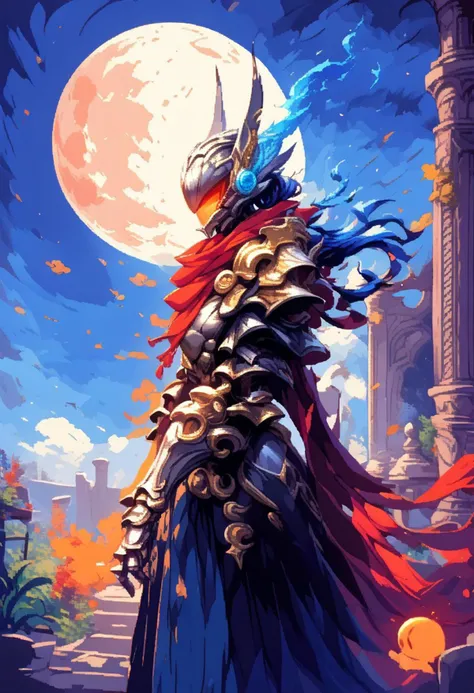 score_9, score_8_up, score_7_up, score_6_up,masterpiece,8k,high res, hkfuture,(ais-ghostly:1.1),(d3p1x3l:1.2), (pixel art:1.1),1girl, armored rabbit girl, (long orange rabbit ears, animal ears:1.2),(long wavy hair),(black armor),visor covering eyes,(visor with shining orange lights),orange eyes,midriff,cold expression,robe covering arms,dark blue hair,(slim figure),(long red scarf:1.3),skinny,side view,(elegant fencing stance), (narrow waist),(big gauntlets), long legs,(night time,starry sky,full moon,dynamic lightining,strong winds)