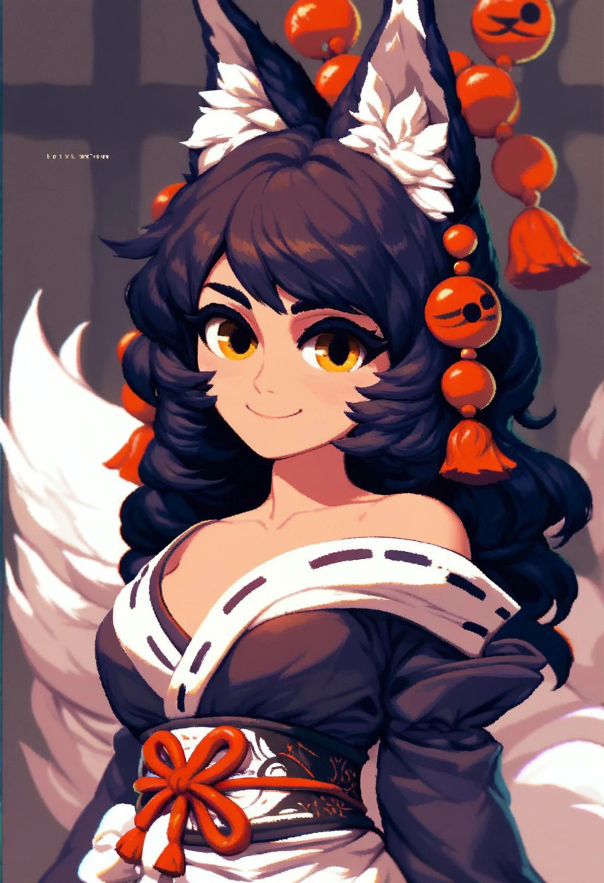 ((score_9), score_8_up, score_7_up), score_6_up, score_4_up, score_5_up, artful dreamy masterpiece, Non-Human Character Design with Personality: A character design that portrays a non-human creature,bright golden eyes,mischievous kitsune,fluffy fox ears with a unique and expressive form that conveys personality and depth,mean smile,mischief expression,epic shrine background