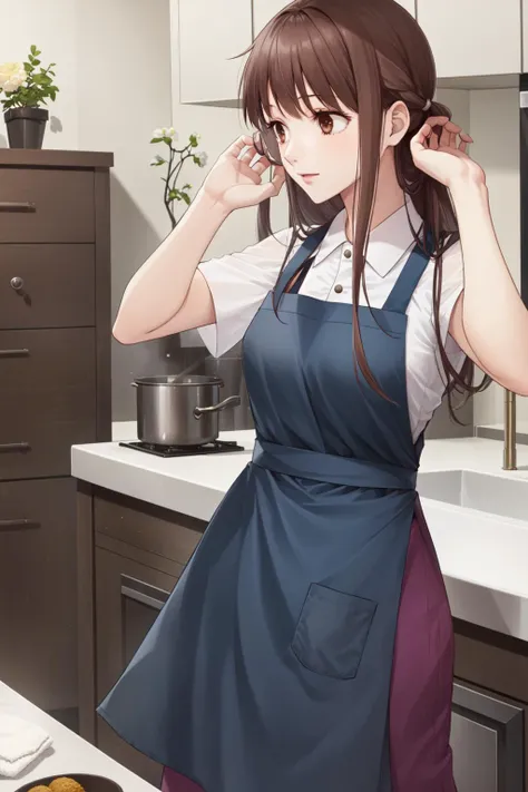 1girl, solo, hondatohru, dress, indoors, kitchen, apron, cleaning, dynamic angle, <lora:HondaTohru:1>