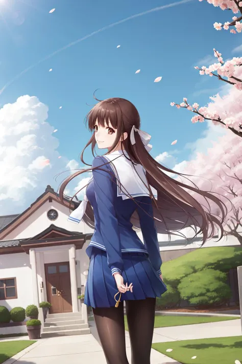 1girl, solo, hondatohru, school uniform, smile, outdoors, cherry blossoms, petals, dynamic angle, <lora:HondaTohru:1>