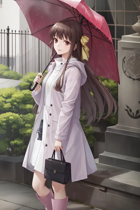 1girl, solo, hondatohru, rain, raincoat, rubber boots, umbrella, holding umbrella, smile, dynamic angle, <lora:HondaTohru:1>