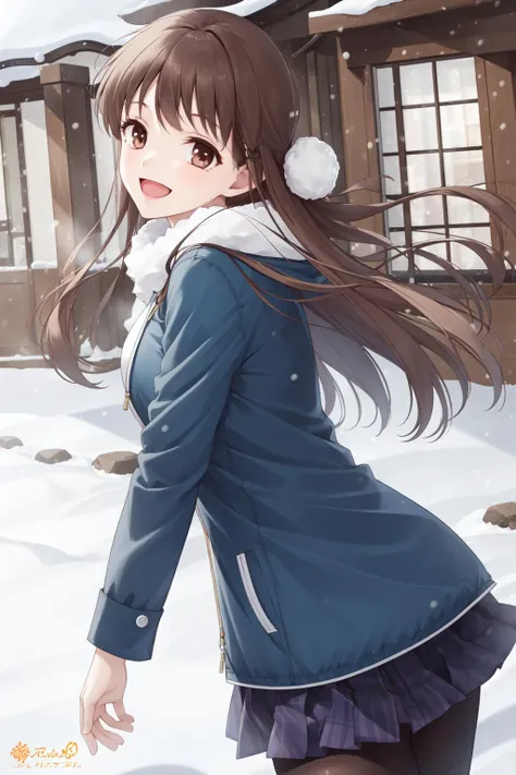 1girl, solo, hondatohru, winter, winter clothes, snow, snowing, happy smile, dynamic angle, <lora:HondaTohru:1>