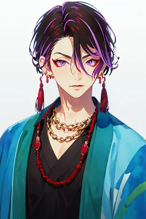 (best quality:1.1), (masterpiece:1.4), illustration, looking at viewer, , depth of field, (watercolor illustration, soft pastel colors:1.1), (semi-realistic:1.4), 1boy, solo, male focus, <lora:iori_suiseki:0.98>, iori_suiseki, black hair, purple eyes, short hair, multicolored hair, , , streaked hair, , earrings, fairy tale costume, , 12k resolution