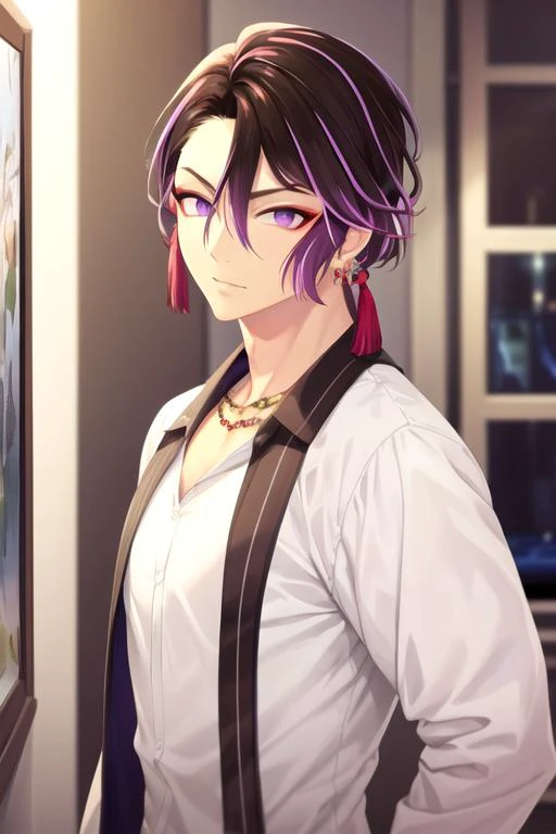 photorealistic, (4k), depth of field, (Masterpiece), (realistic skin texture), extremely detailed, intricate, hyper detailed, high resolution, professional photography, bokeh, depth of field, sharp detail, best quality, looking at viewer, 1boy, solo, male focus, <lora:iori_suiseki:0.96>, iori_suiseki, black hair, purple eyes, , multicolored hair, , , , jewelry, , , The City of Mirrors, Blu-ray