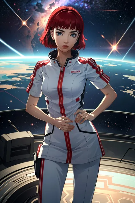 ((ultra detailed, masterpiece, best quality))
 <lora:CErica:0.8>
CErica, 1girl, solo, short hair, inside a futuristic space station, stars and space background, standing straight with hands clasped behind