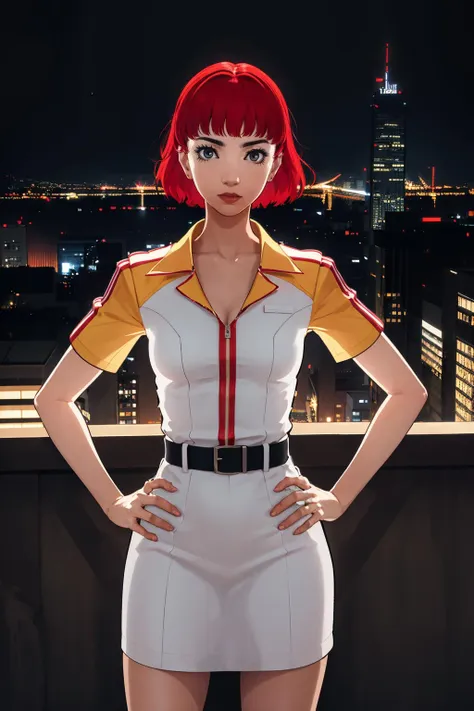 (solo, 1girl), (absurdres, highres, official wallpaper, poster), (masterpiece, best quality:1.2), (illustration, realistic), (perfect details, highest detailed, extreme detailed), dramatic light,
CErica, short hair, overlooking a cityscape at night from a skyscraper, short dress, standing with hands on hips
 <lora:CErica:0.8>