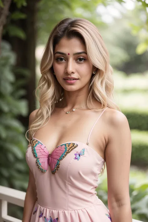 <lora:Butterfly Dress by Stable Yogi> woman, Divya from India, medium (shoulder-length:1.2) frizzy platinum-blonde hair, (butterfly dress) pink, short dress