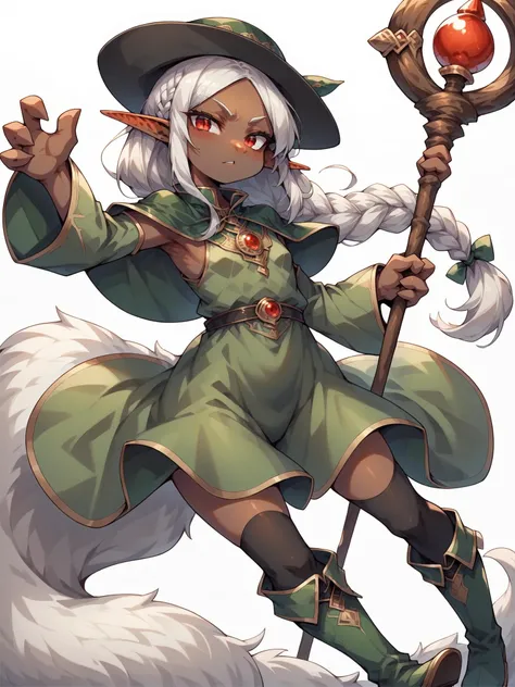 score_9, score_8_up, score_7_up, source_anime,
1girl, solo, <lora:Lapanya_PonyXL:0.8> ((dark skin, fluffy eyars)), Lapanya, pointy ears, snout nose, flat chest, 3 fingers 1 thumb, white hair, (long hair:1.3), red eyes, parted bangs,
single braid, boots, black thighhighs, hat, capelet, long sleeves, green footwear, green dress, holding staff, dynamic pose