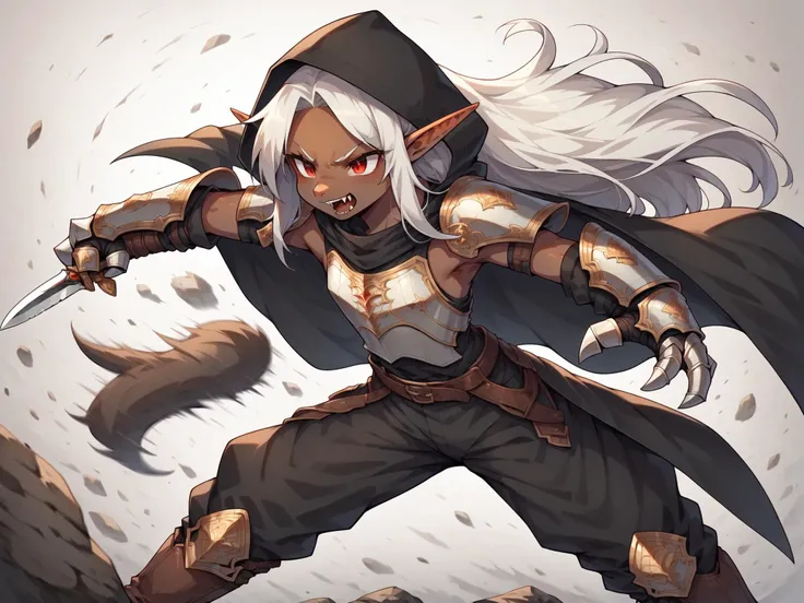 score_9, score_8_up, score_7_up, source_anime,
1girl, solo, <lora:Lapanya_PonyXL:0.8> ((dark skin, fluffy eyars)), Lapanya, pointy ears, snout nose, flat chest, 3 fingers 1 thumb, white hair, (long hair:1.3), red eyes, parted bangs,
hood, armor, black cloak, pants, belt, shoulder armor, gauntlets, boots, knife, fighting, dynamic pose, roar, fangs