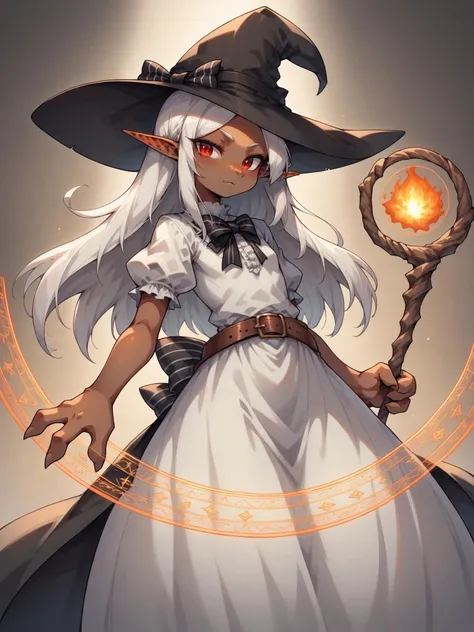score_9, score_8_up, score_7_up, source_anime,
1girl, solo, <lora:Lapanya_PonyXL:0.8> ((dark skin, fluffy eyars)),  Lapanya, pointy ears, snout nose, flat chest, 3 fingers 1 thumb, white hair, (long hair:1.3), red eyes, parted bangs,
white dress, long dress, frills, oversized clothes, black bow tie, striped bow tie, puffy sleeves, short sleeves, belt, white witch hat
standing, holding staff, cast fire magic, magic circle behind, dynamic pose