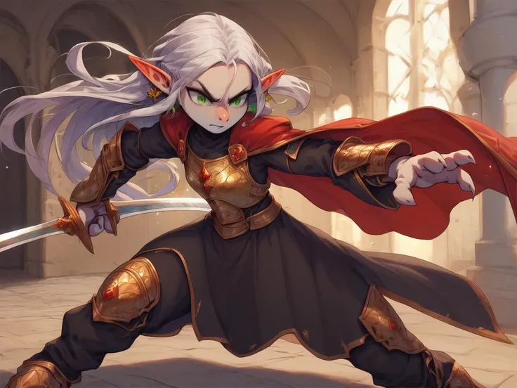 Lapanya, solo, action pose, fighting, holding sword, pointy ears, snout nose, flat chest, 3 fingers 1 thumb,
gold armor, black robe, red cape, green earrings, (long hair:1.2), white hair,
castle interior,
<lora:Lapanya_PonyXL:1>, score_9, score_8_up, score_7_up,