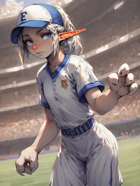 cowboy shot, Lapanya, leaning forward,
pointy ears, snout nose, flat chest, 3 fingers 1 thumb,
white baseball cap, white and blue uniform, baseball, stadium,
<lora:Lapanya_PonyXL:1.0>, score_9, score_8_up, score_7_up,