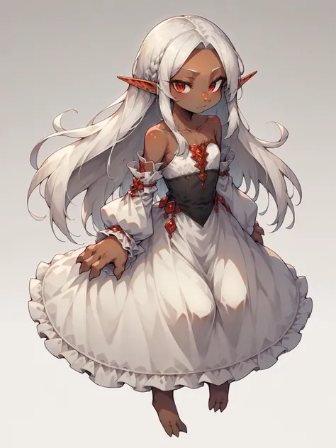 score_9, score_8_up, score_7_up, source_anime,
1girl, solo, <lora:Lapanya_PonyXL:0.8> ((dark skin)), Lapanya, pointy ears, snout nose, flat chest, 3 fingers 1 thumb, white hair, (long hair:1.3), red eyes, parted bangs,
dress, bare shoulders, frills, detached sleeves, full body
