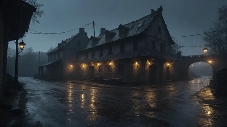 solo, dark tavern in an abandoned village, raining, street lights, bridge in the background, ominous sky