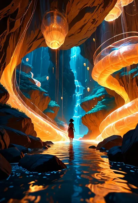 Anime illustration, 2d, (masterpiece), (best quality), the coiled silk cave, low-key lighting, lo-fi, dark, glow, dynamic cinematic lighting, ray_tracing, global illumination, masterful composition, dynamic movement <lora:Anime_Style_Vauxz:0.8>