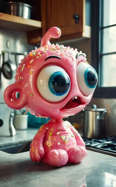 A happy monster, big eyes, made of candy, smiling, on the counter of a kitchen