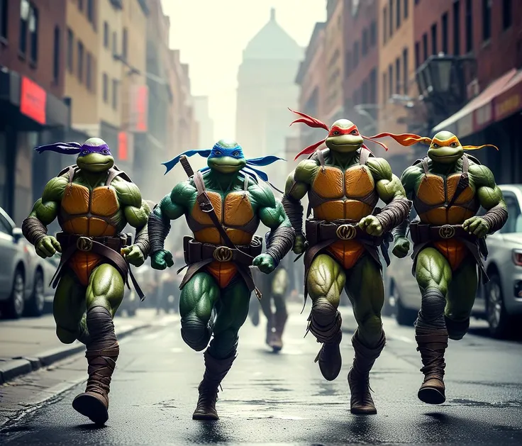 RAW photo, post processing, Cinematic, masterpiece, all 4 Teenage Mutant Ninja Turtles, wide angle shot of all 4 of them running in the streets, film grain, soft lighting, high contrast