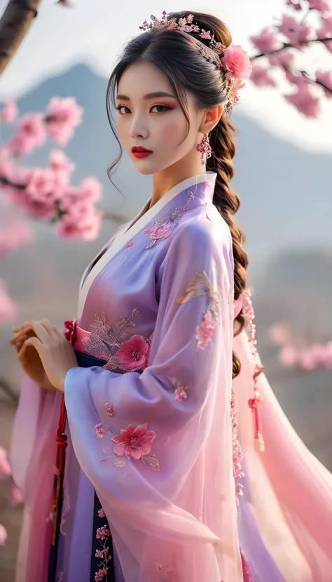 <lora:Lucy-Liu-v2:1> lcylxsl woman, dynamic pose, professional 3d model , 3d printed fit romantic enchanting feminine lcylxsl woman, (makeup, eyeliner, eyeshadow, lipstick:0.9), coy seductive cyborg companion, dressed in a gradient-colored Hanfu, the hem transitioning from a delicate pink to a deep violet, as beautiful as a summer twilight. Her long hair gently cascades over her shoulders, she holds a blooming lotus flower, its pink and white petals swaying gently in the breeze, emitting a faint fragrance. Her eyes are clear and soft, with a slight upturn at the corners of her mouth, as if admiring the lotus in her hand or reminiscing about a beautiful moment.,figure, ornate and intricate , inner biocore,highly detailed translucent skin with hair, translucent, perfect female body, wide hips:1.5, medium perky breasts, cleavage, hdr, smooth, sharp focus, high resolution, award winning photo, 80mm, f2.8, bokeh, tropical environment, octane render, highly detailed, volumetric, dramatic lighting,ethereal forest with enchanted flora and fauna in a mystical and magical setting